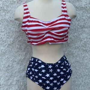 Red and White Striped Bikini Top with Blue Star Bottom Size 2X
